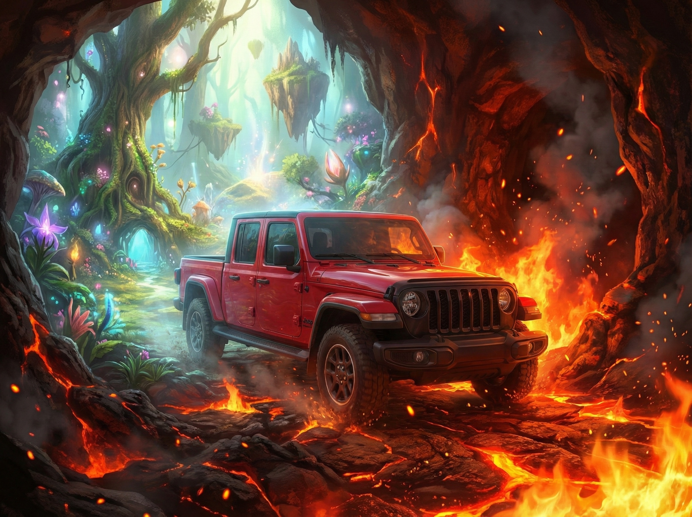 A red Jeep sits in a cavern divided between a glowing enchanted forest and a fiery lava field.